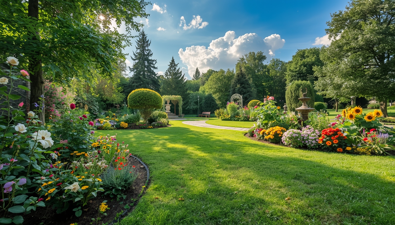 Smuk have med blomsterbede